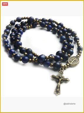 Genuine Blue Lapis Stone Catholic Rosary Bracelet - Miraculous Medal Charm
